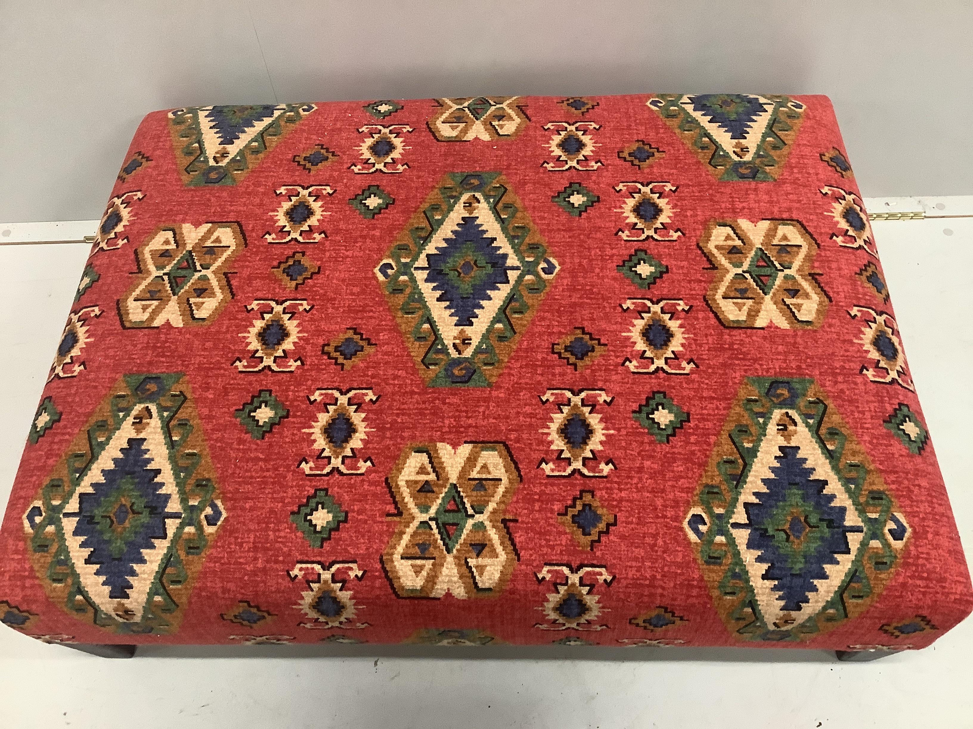 A contemporary rectangular footstool with Kilim style fabric upholstery, width 102cm, depth 74cm, height 28cm